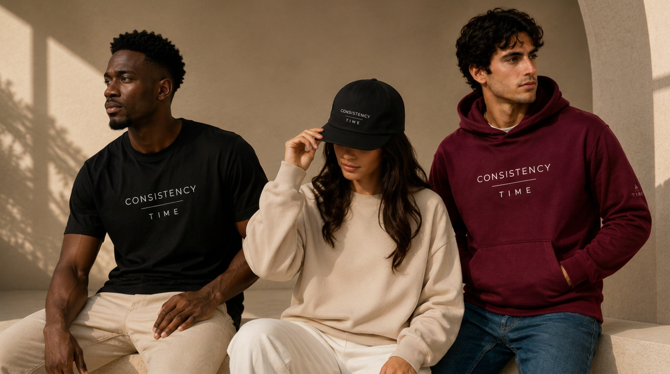 Three models wearing Consistency Over Time tee, cap and hoodie